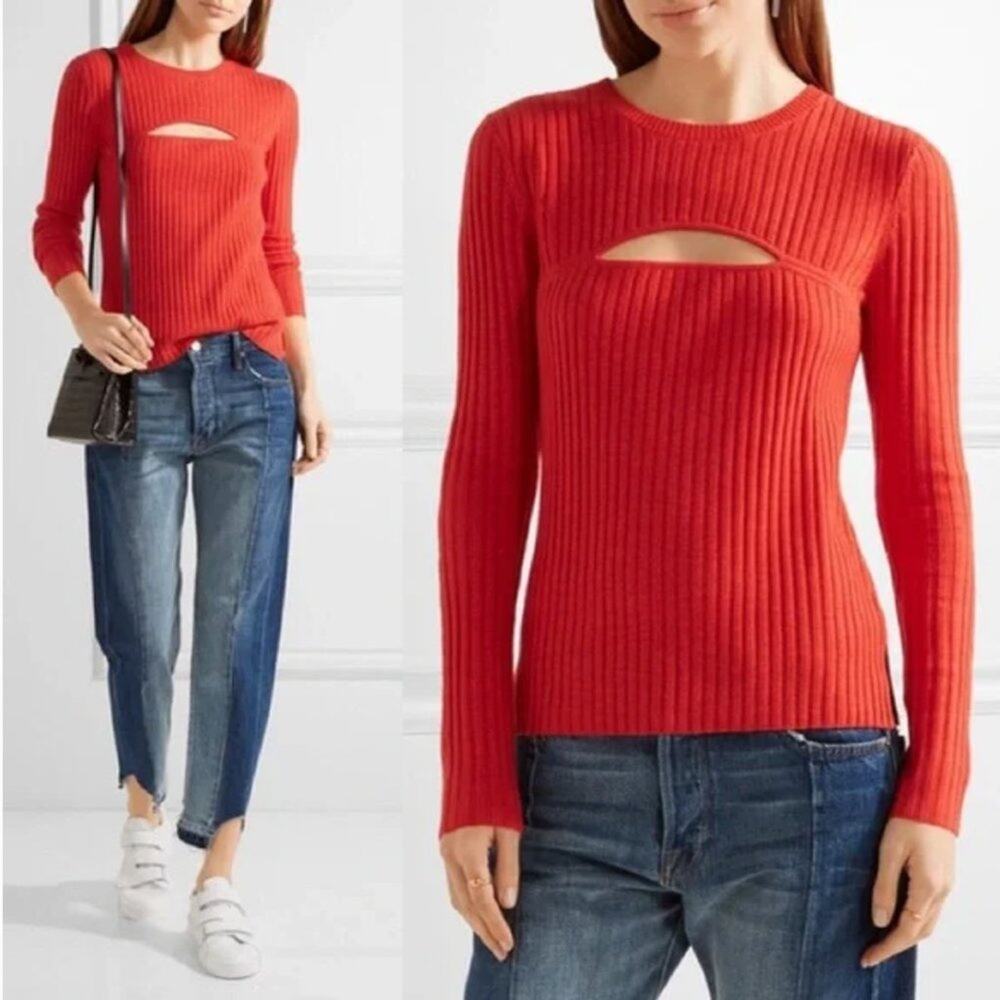 Frame Tomato Red Ribbed Wool-Blend Cutout Sweater